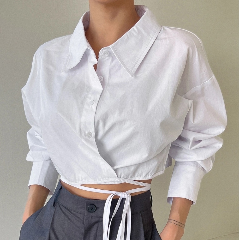 Cotton White Crop Button Up Down Was it Ties Long Sleeve Collared Shirt